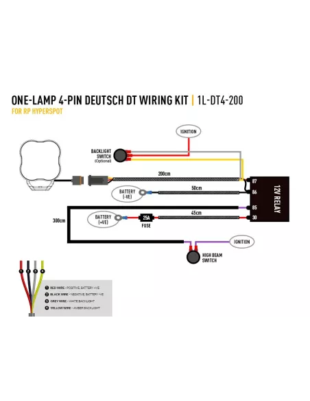 KIT DE CÂBLAGE UNE LAMPE (4-BROCHES, DEUTSCH DT, 12V)