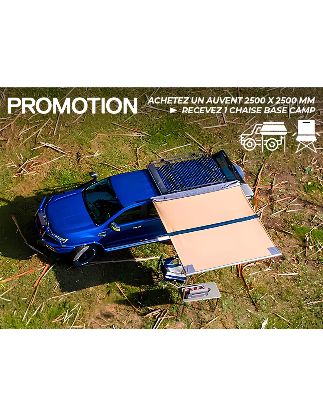 Promo auvent ARB 2500 x 2500 mm (met LED inbegrepen) + Kampeerstoel